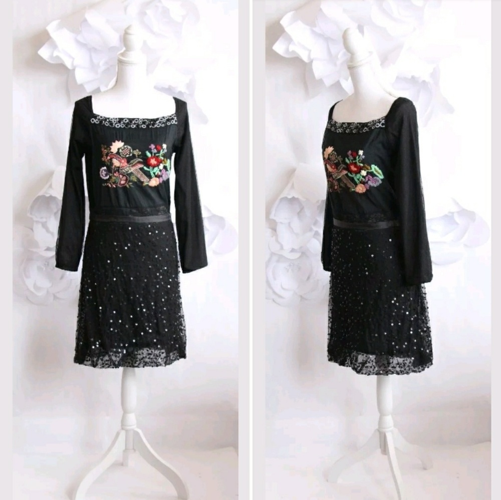 DESIGUAL Boho Embroidered Black Dress M NWT